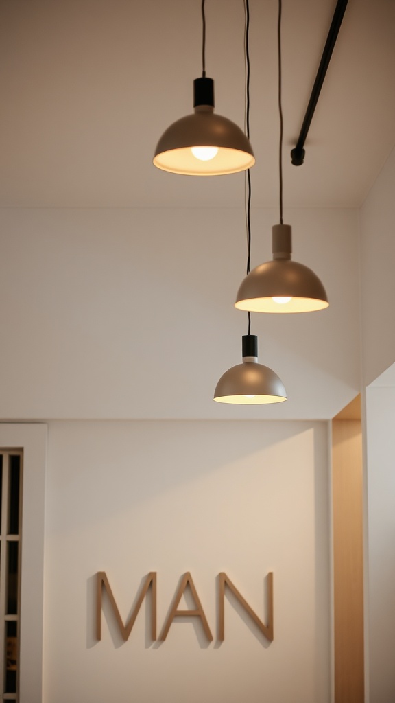 Three minimalist pendant lights hanging from the ceiling in a modern interior.