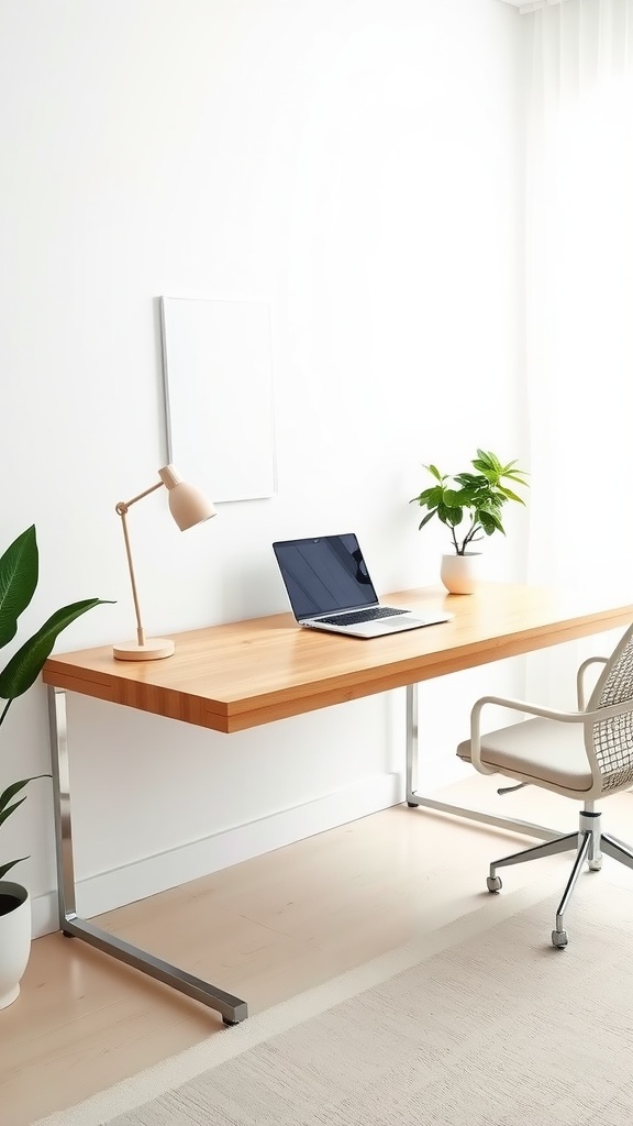 Minimalist floating desk design with a laptop and a plant in a bright home office