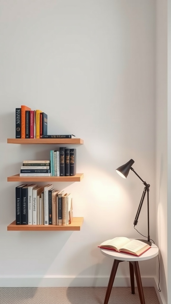 Minimalist reading nook with floating shelves, books, and a lamp