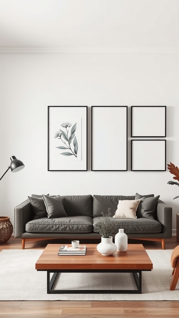 A modern living room featuring a gray couch, minimalist frames on the wall, and a wooden coffee table.