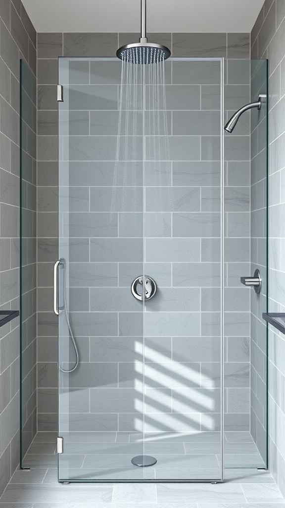 Minimalist gray shower with a glass enclosure and rainfall showerhead.