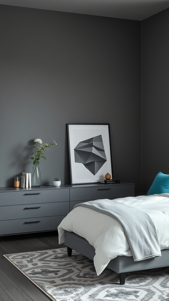 A minimalist bedroom featuring grey walls, a grey bed, and teal accents.