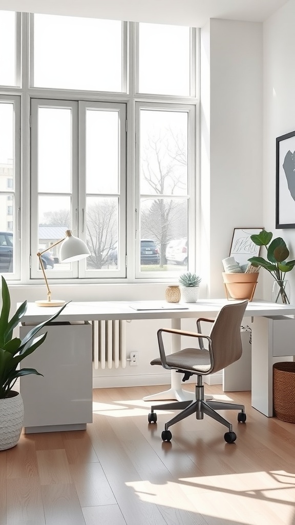 A bright and minimalist home office featuring a white desk, a comfortable chair, and plants by the window.