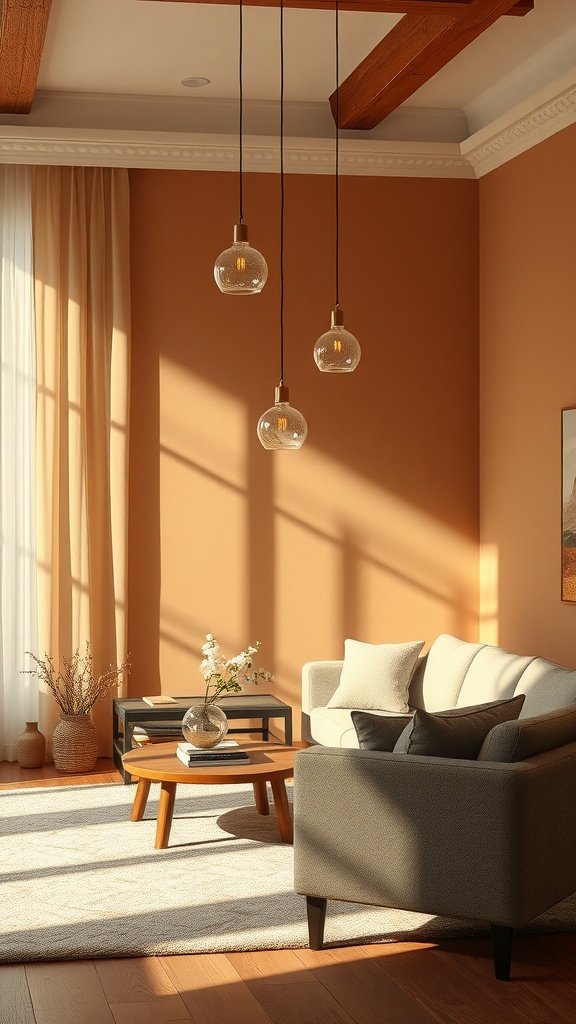 A cozy living room with minimalist lighting, featuring pendant lights, soft colors, and natural sunlight.