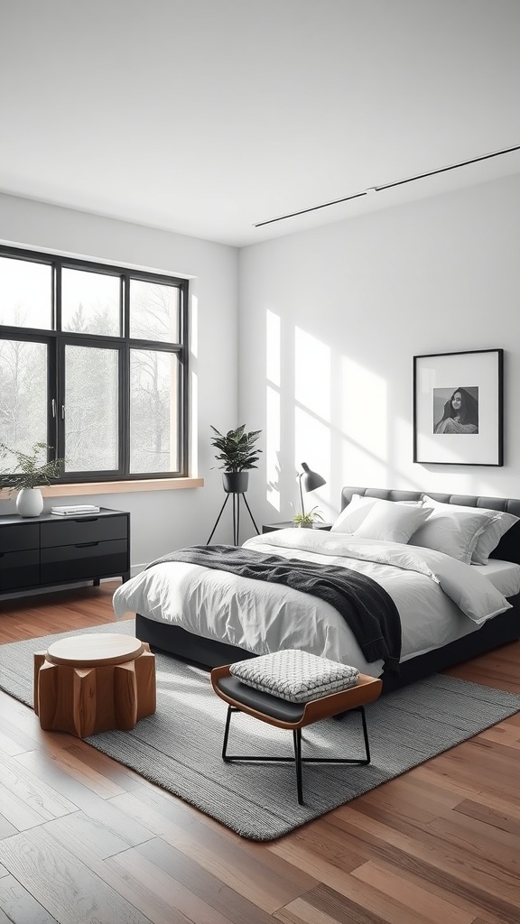 A modern minimalist bedroom with a black headboard, black duvet, and woven decor.