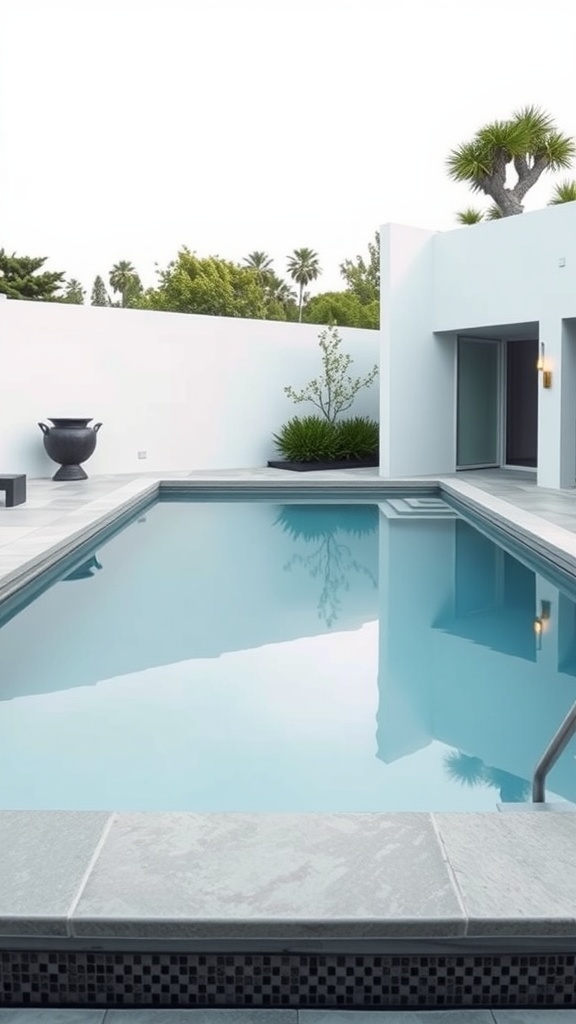 A minimalist pool with stone coping surrounded by light-colored walls and greenery.