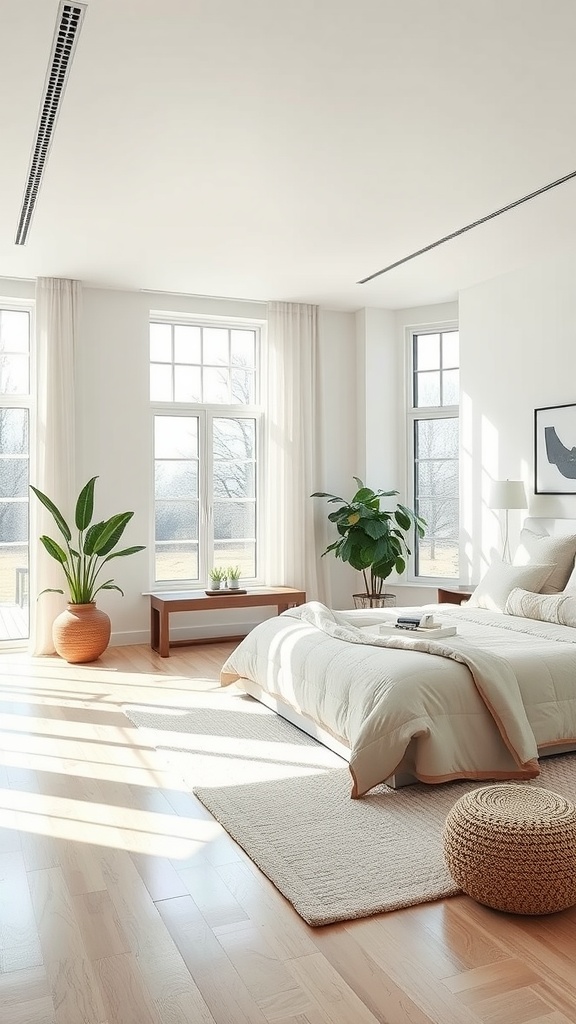 A minimalist master bedroom featuring large windows, a low-profile bed, plants, and warm wooden accents.