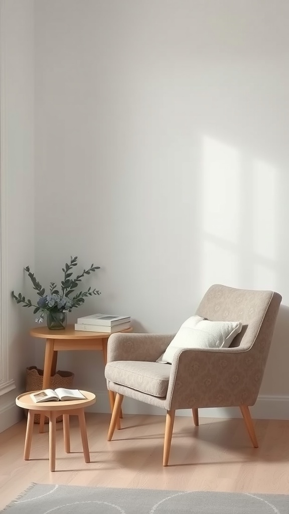 A minimalist Scandinavian reading nook featuring a cozy chair, small side table, and a vase of flowers.