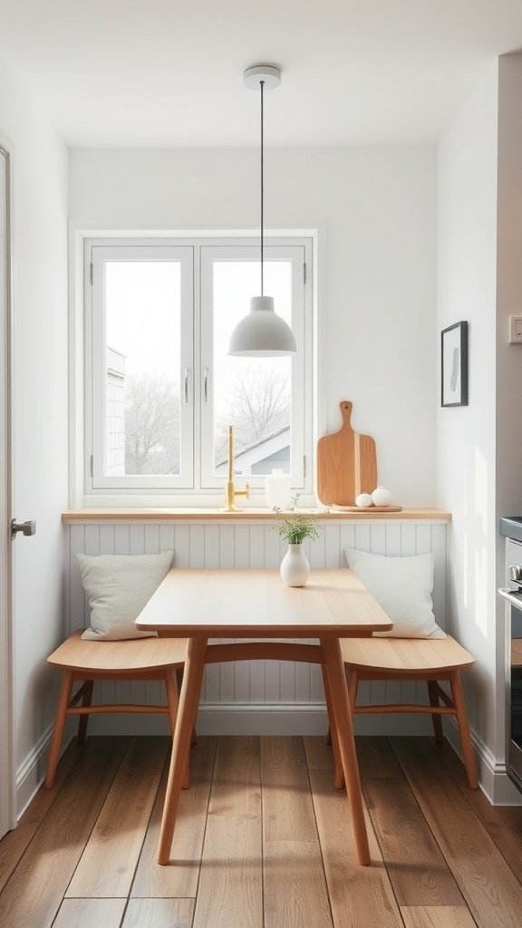 A cozy kitchen nook featuring a minimalist Scandinavian design with a wooden table, chairs, and natural light.