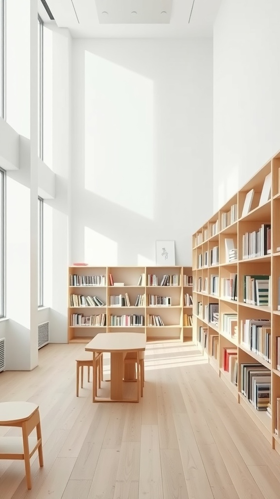 A minimalist Scandinavian library featuring wooden shelves filled with books, a wooden table, and bright sunlight streaming through large windows.