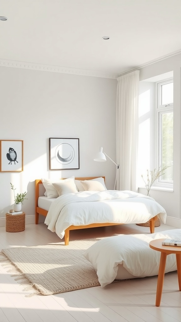 A minimalist Scandinavian style bedroom with natural wood furniture, white bedding, and simple decor.