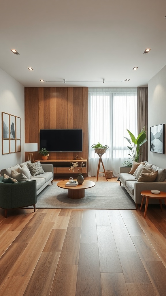 A stylish living room featuring two sofas, a circular coffee table, and wooden accents, illuminated by natural light.