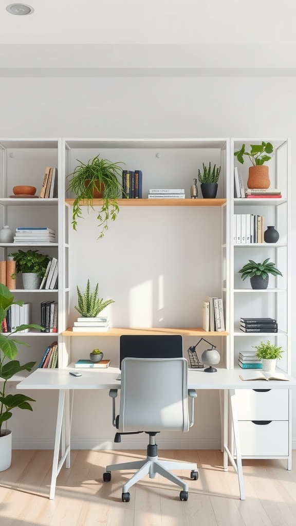 Minimalist workspace featuring modular shelving and a simple desk setup