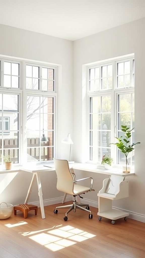 A minimalist home office featuring a desk, chair, and large windows with natural light.