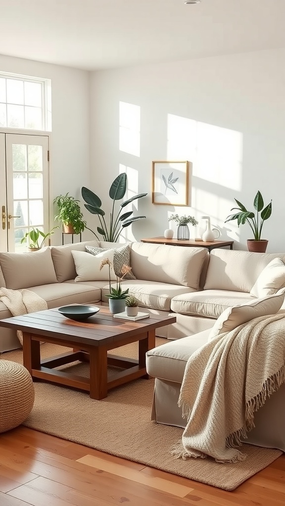 A cozy farmhouse living room with a beige sectional sofa, wooden coffee table, and plants.