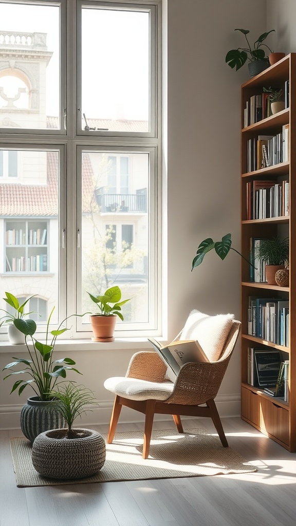 A cozy minimalist zen library with a chair, plants, and a bookshelf.