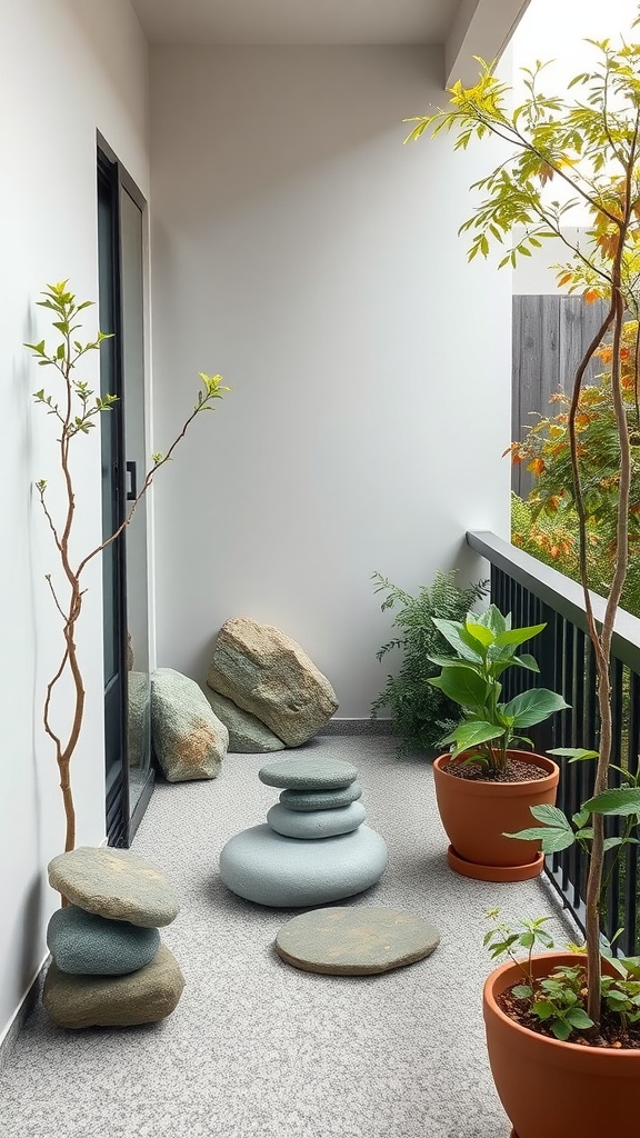 A minimalist zen balcony featuring smooth stones and potted plants.