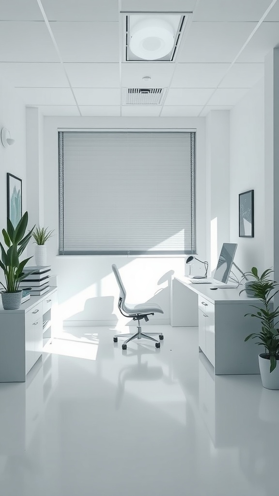 Minimalistic home office featuring white furniture, plants, and natural light.