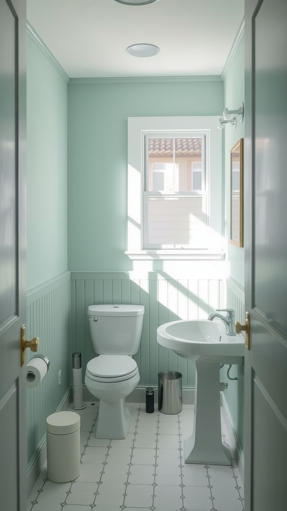 Small bathroom painted in mint green with white fixtures and natural light