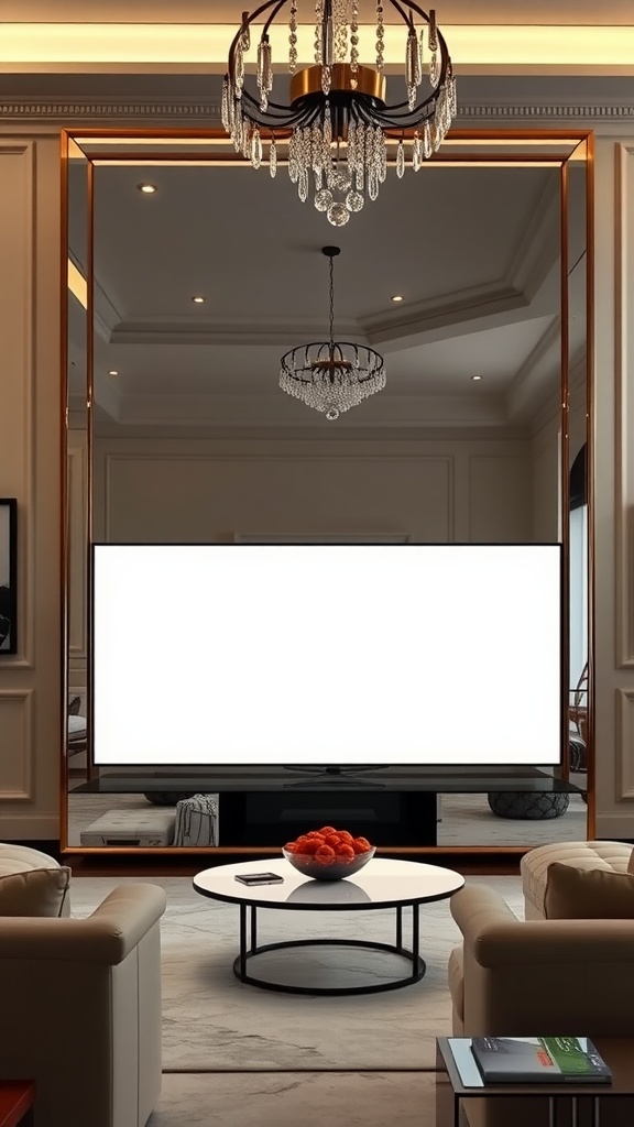 A modern luxury living room featuring a large mirror TV design with elegant decor