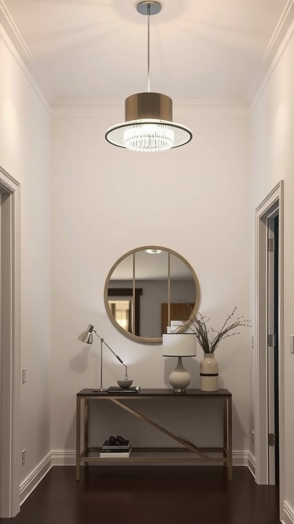 A modern foyer with a mirrored pendant light, round mirror, and a stylish console table.