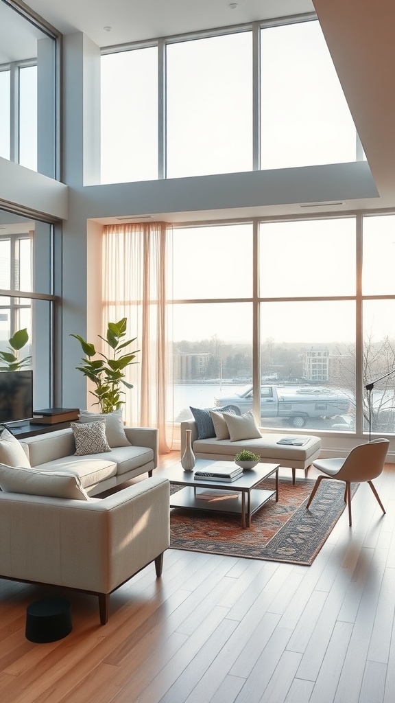 A modern living room with large windows allowing natural light, featuring light-colored furniture and plants.