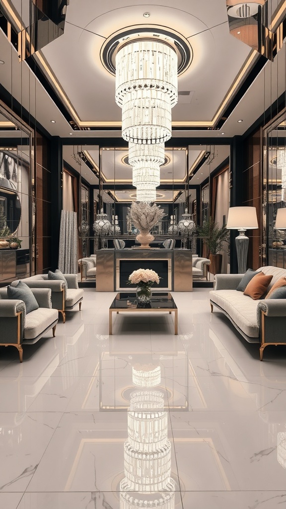 A luxurious living room with mirrored surfaces, a grand chandelier, and elegant furniture.