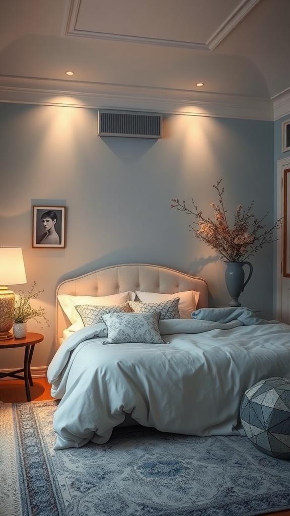 A cozy bedroom featuring Misty Blue walls, elegant bedding, and soft lighting.