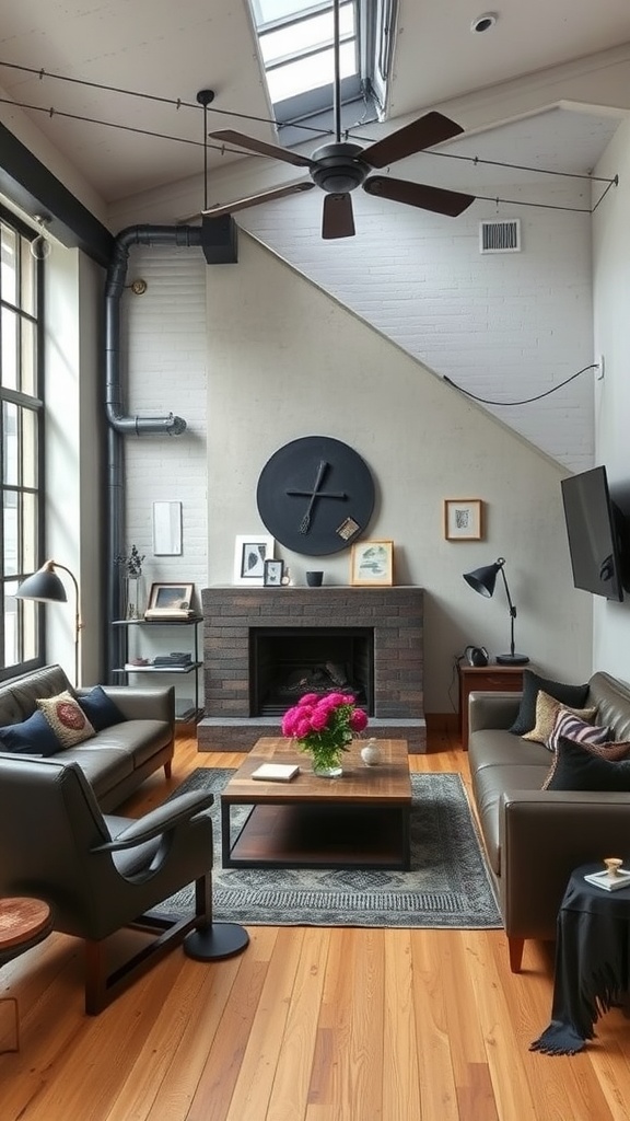 A modern living room featuring a blend of industrial and Gothic styles with a brick fireplace, sleek furniture, and natural lighting.