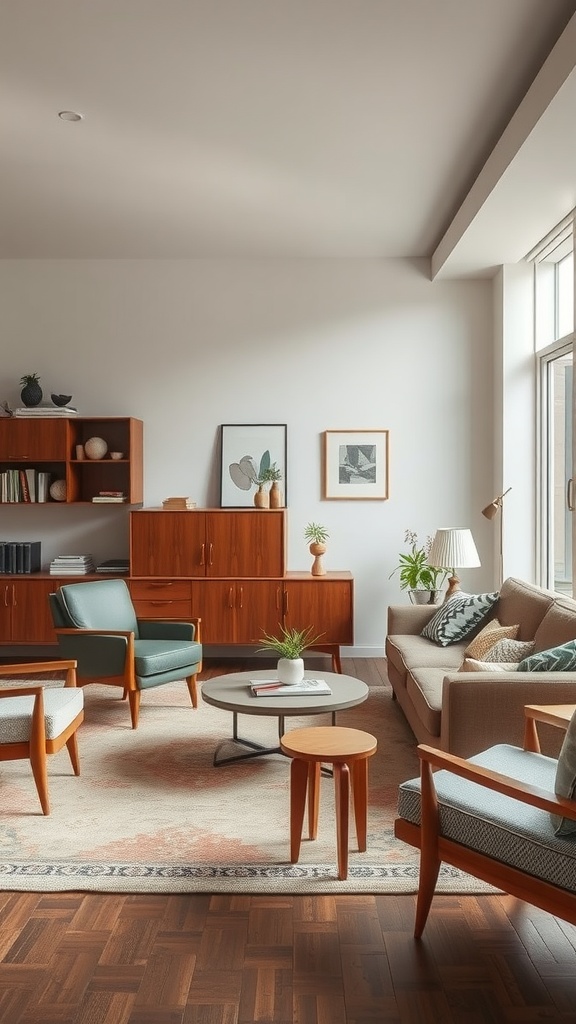 A cozy living space showcasing a mix of Mid-Century Modern furniture and contemporary decor.