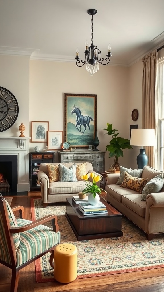 A stylish living room featuring a mix of vintage and modern furnishings, with a cozy sofa, wooden cabinet, and plants.