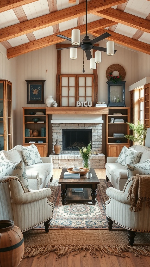 A cozy farmhouse living room with vintage and modern elements, featuring wooden beams, soft couches, and a dark coffee table.
