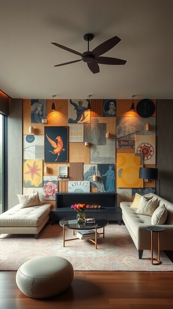 A mixed media statement wall in a contemporary living room with vibrant art and textures.