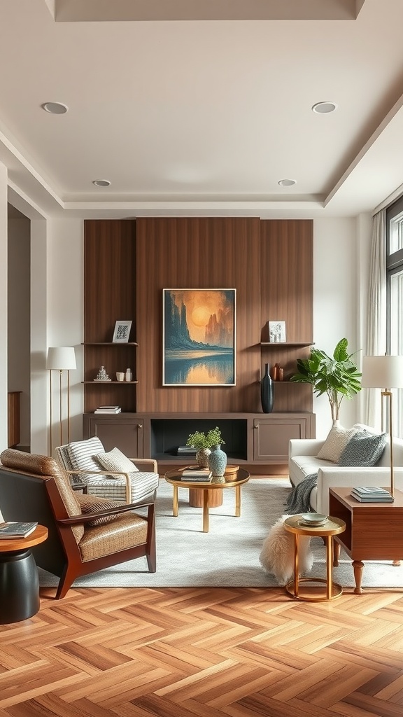 A stylish living room featuring modern and classic furniture with wooden accents, herringbone flooring, and a piece of artwork on the wall.