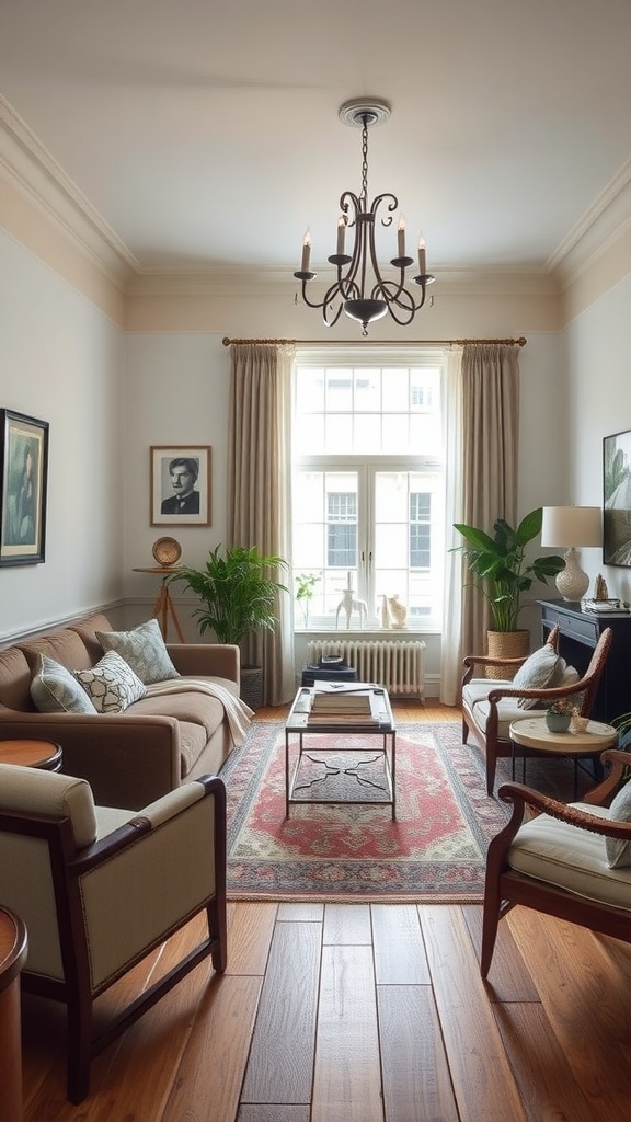 A living room featuring a mix of Art Deco and contemporary furniture styles, with a cozy sofa, elegant chandelier, and vibrant decor.