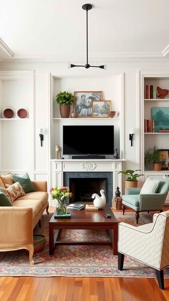 A cozy living room featuring a mix of vintage and modern elements, including a beige sofa, contemporary light fixture, classic fireplace, and colorful decor.