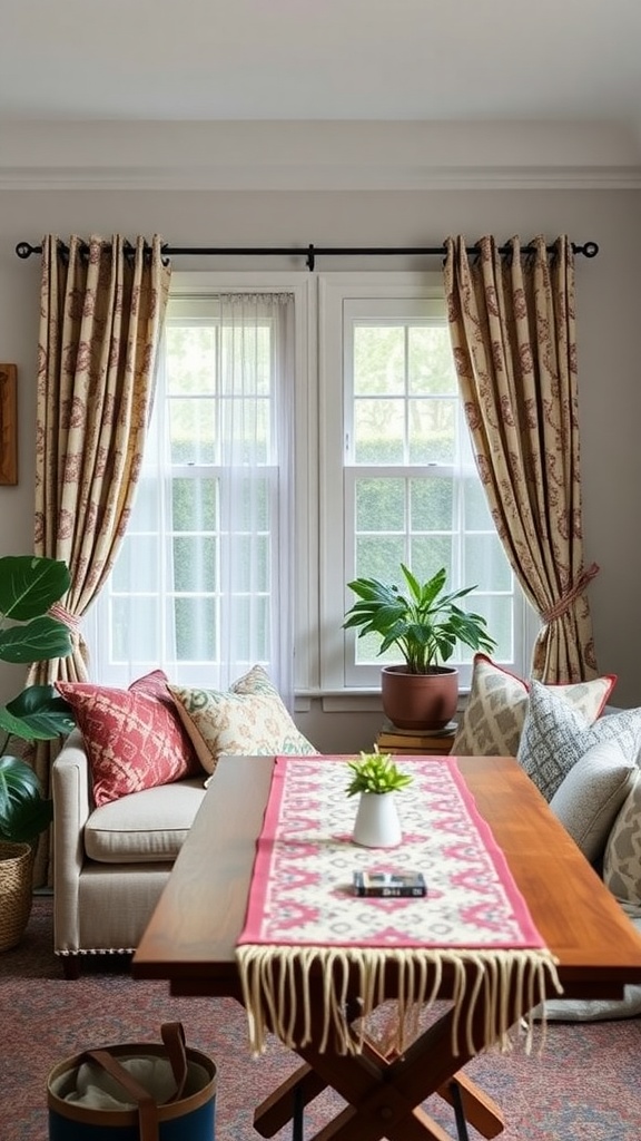 A cozy boho home office corner featuring patterned curtains, cushions, and a wooden table with a plant.