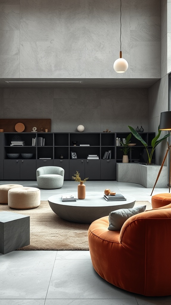 Brutalist living room with concrete and velvet furniture, showcasing a mix of shapes.