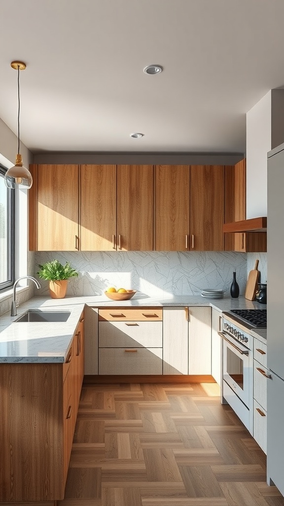 A modern U-shaped kitchen featuring a blend of wooden cabinets and marble countertops, with warm wooden flooring.