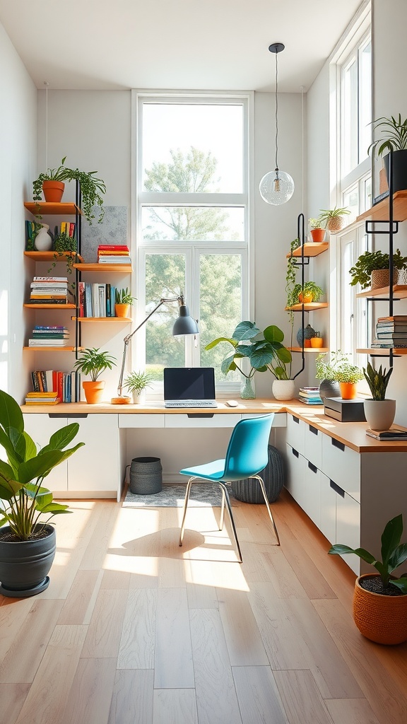 A modern home office featuring a DIY custom built-in desk, bright windows, plants, and organized shelves.
