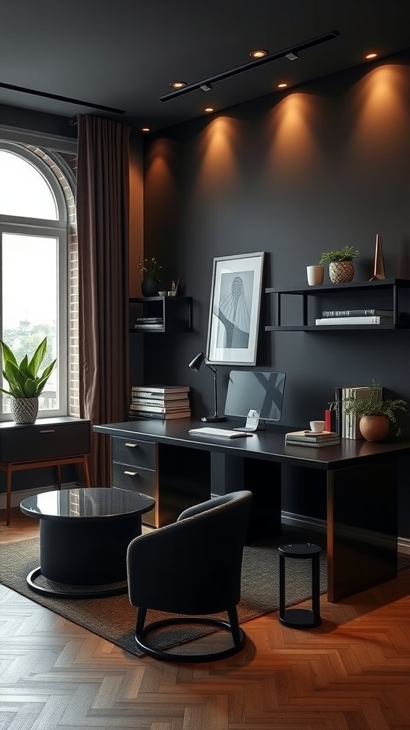 Modern home office with dark walls, a stylish desk, and a cozy seating area