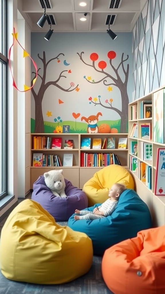 A modern reading nook for kids featuring colorful bean bags, a whimsical wall mural, and shelves filled with books.