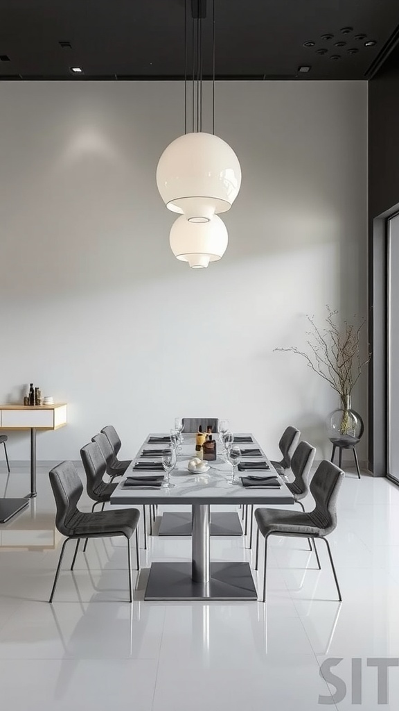 A modern dining room in Bologna featuring a marble table, gray chairs, and stylish pendant lights.