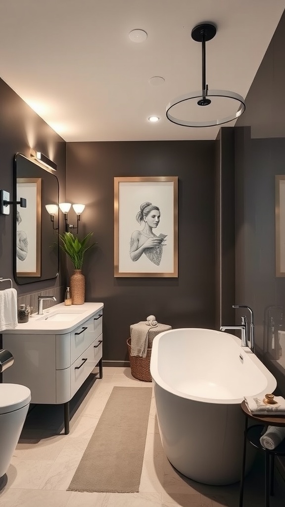 A modern bathroom featuring dark walls, a freestanding tub, a double vanity, and stylish decor.