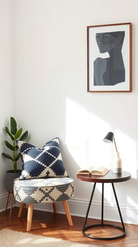 A modern reading nook with a geometric-patterned chair, side table, and a plant, with natural light illuminating the space.