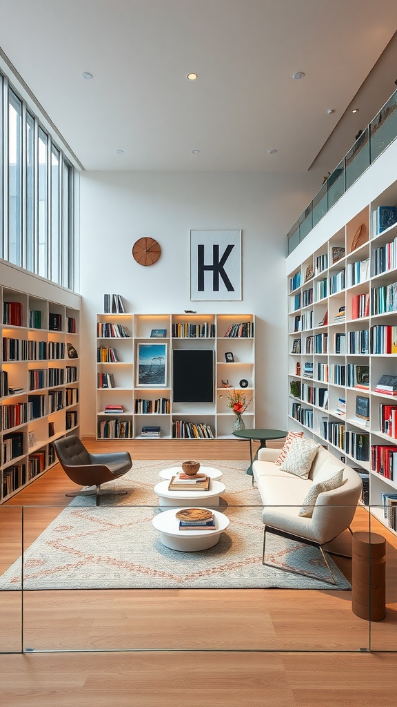 A modern home library featuring large windows, stylish furniture, and organized bookshelves.