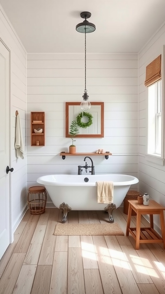 Modern farmhouse bathroom with a freestanding tub and rustic decor
