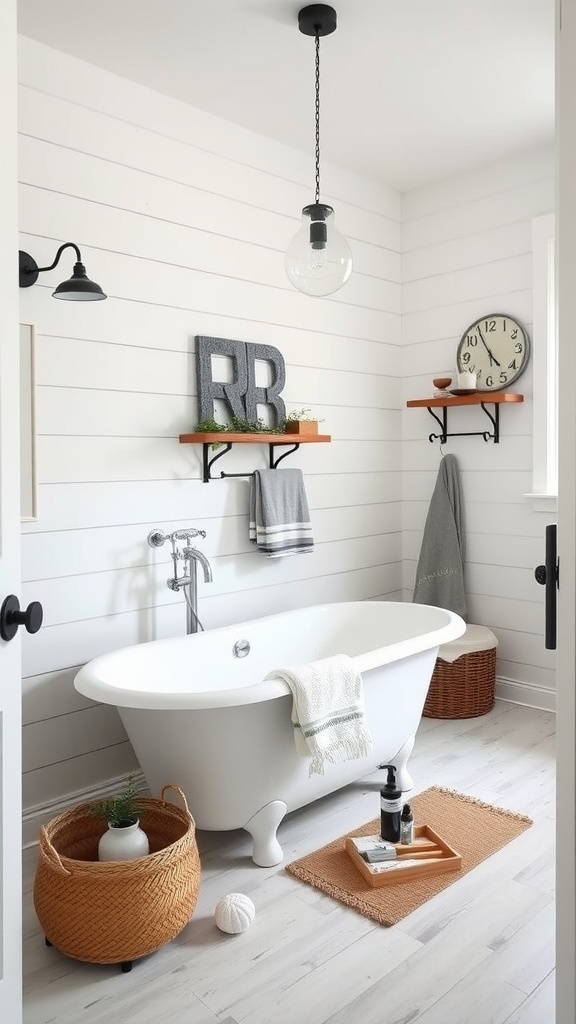 Modern farmhouse bathroom with a freestanding bathtub, shiplap walls, and decorative shelves