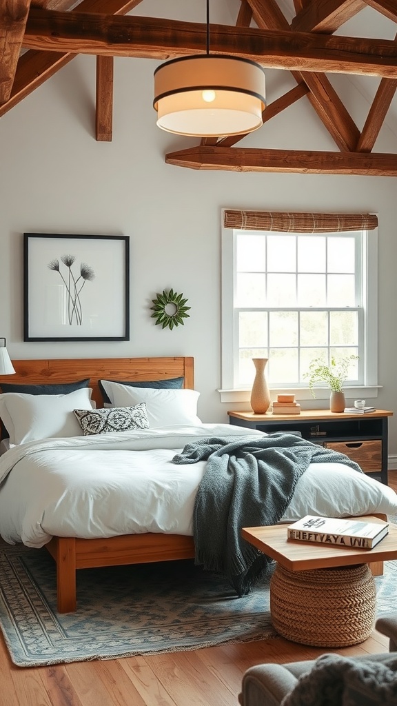 Modern farmhouse bedroom featuring wooden beams, a cozy bed, and stylish decor.