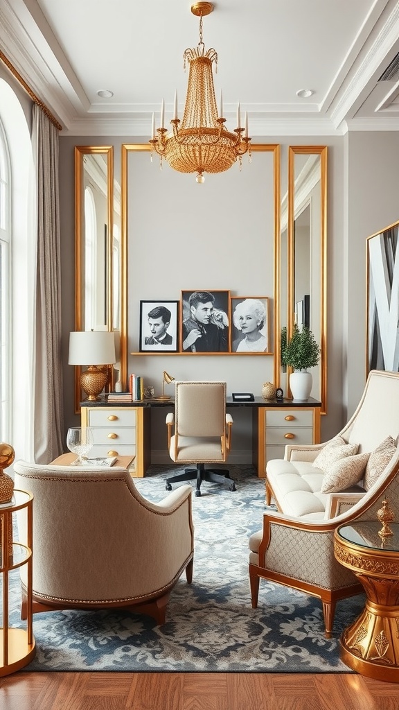 A luxurious Modern Glam home office featuring a chandelier, elegant furniture, and decorative mirrors.